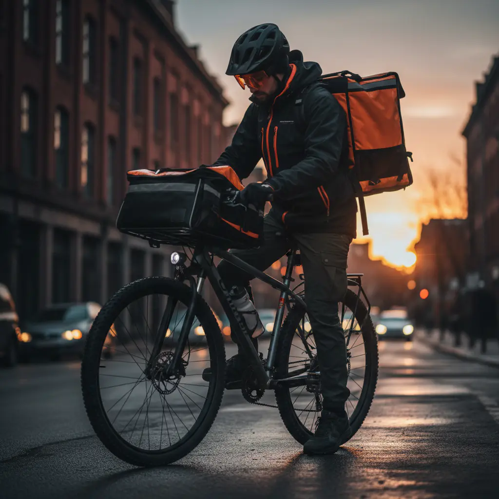 Courier on a bicycle preparing for delivery