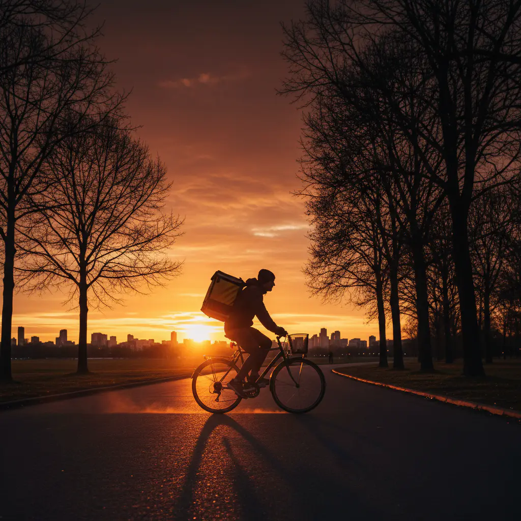 Courier riding at sunset